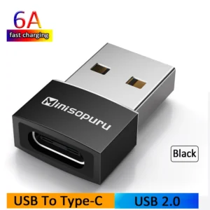 Minisopuru USB to USB C Adapter Type C Female to Male Charger Converter for Laptop iPad Airpods Xiaomi Samsung USBC Adaptador – black -1pcs